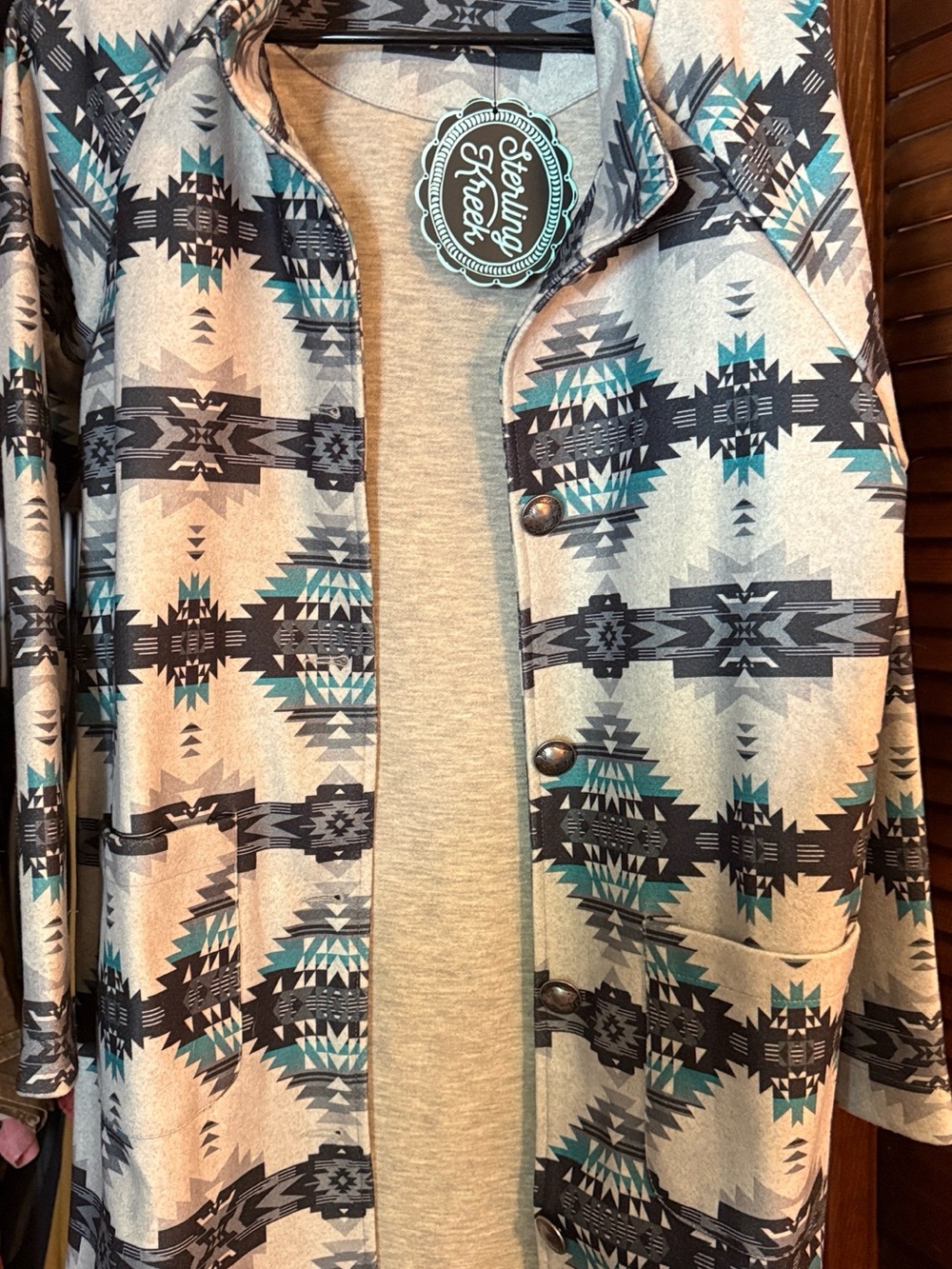 Sterling Creek Aztec Print Trench Coatigan in Teal and Gray